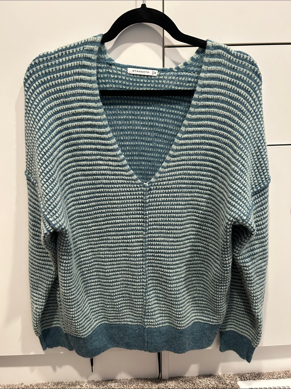 Staccato Teal/green Striped deep V-Neck Sweater, boutique